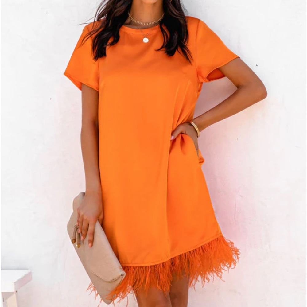 Satin dress with feathers